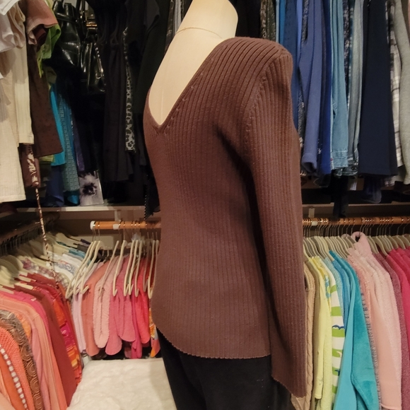 RALPH LAUREN ♡ Gorgeous Vintage Brown V Neck 'n Back Wide Ribbed Knit Sweater S - Picture 8 of 15